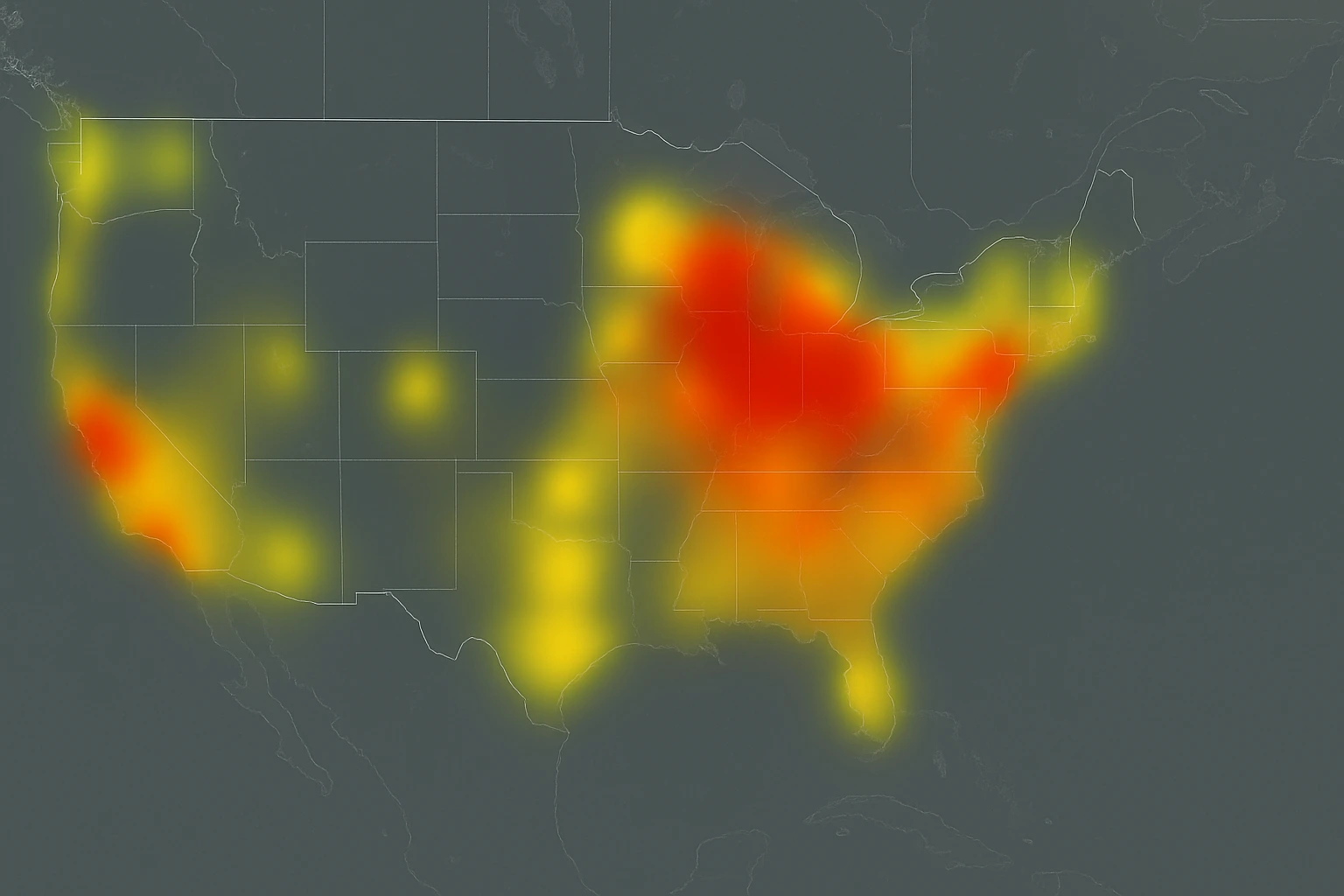 PlayStation Network down heat map showing widespread server issues across the United States.