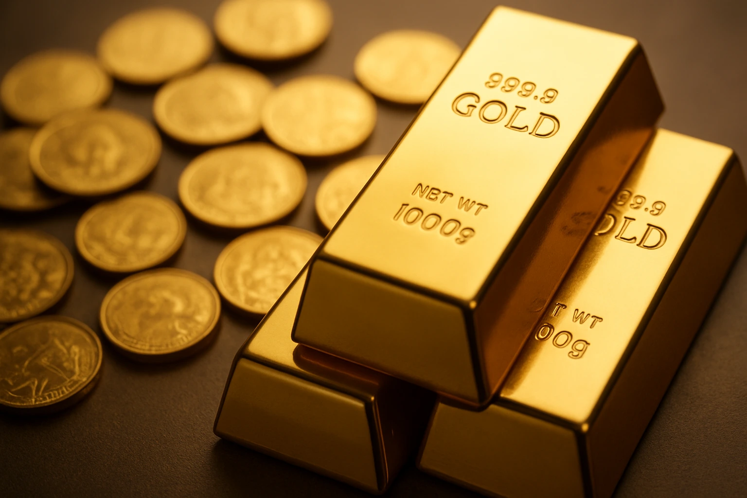 Gold bars and coins symbolizing record-high gold prices and global financial market demand.