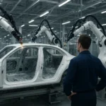 A Volkswagen production line in Germany showing partially assembled vehicles, highlighting the impact of the Nexperia chip disruption on the auto giant.