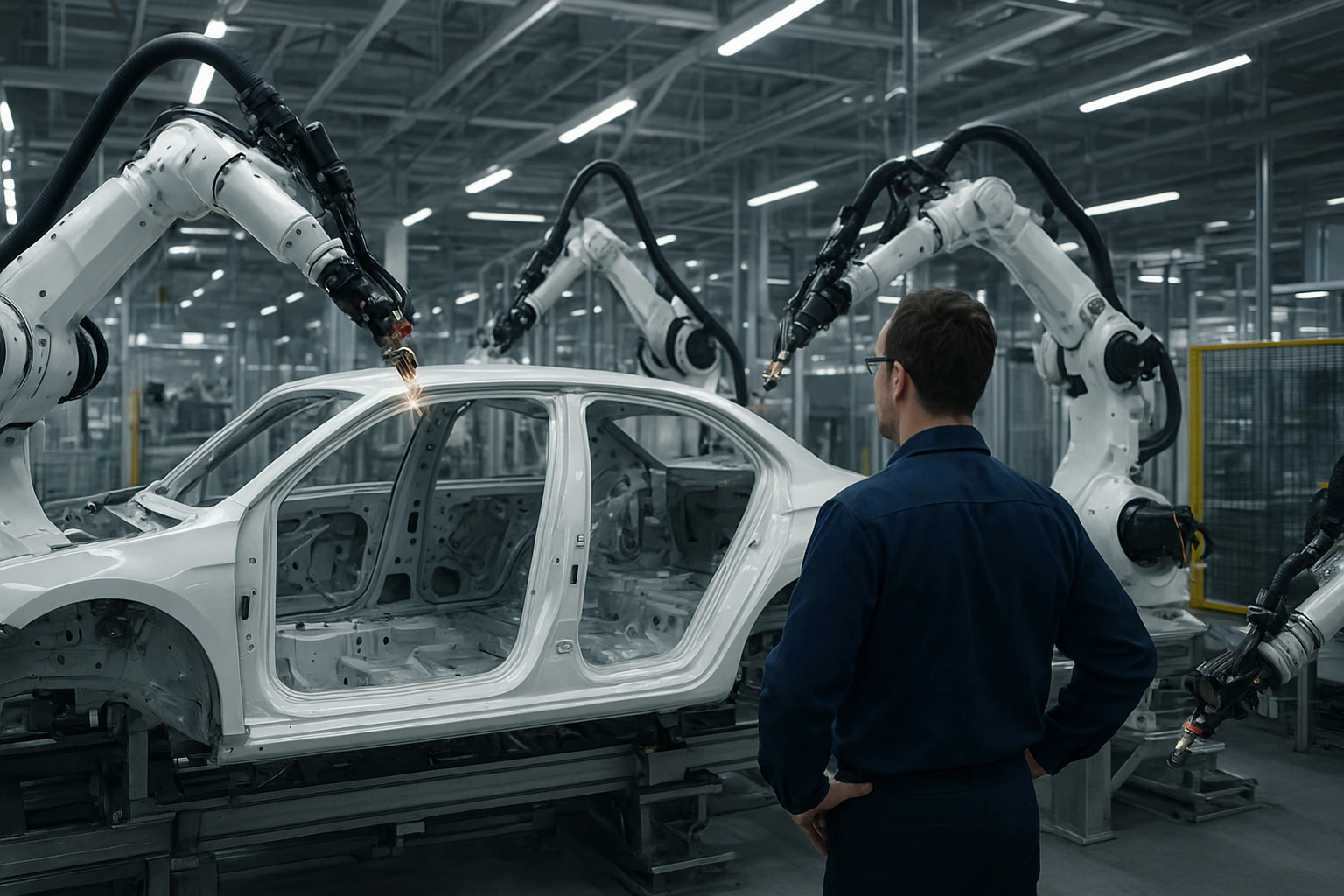 A Volkswagen production line in Germany showing partially assembled vehicles, highlighting the impact of the Nexperia chip disruption on the auto giant.