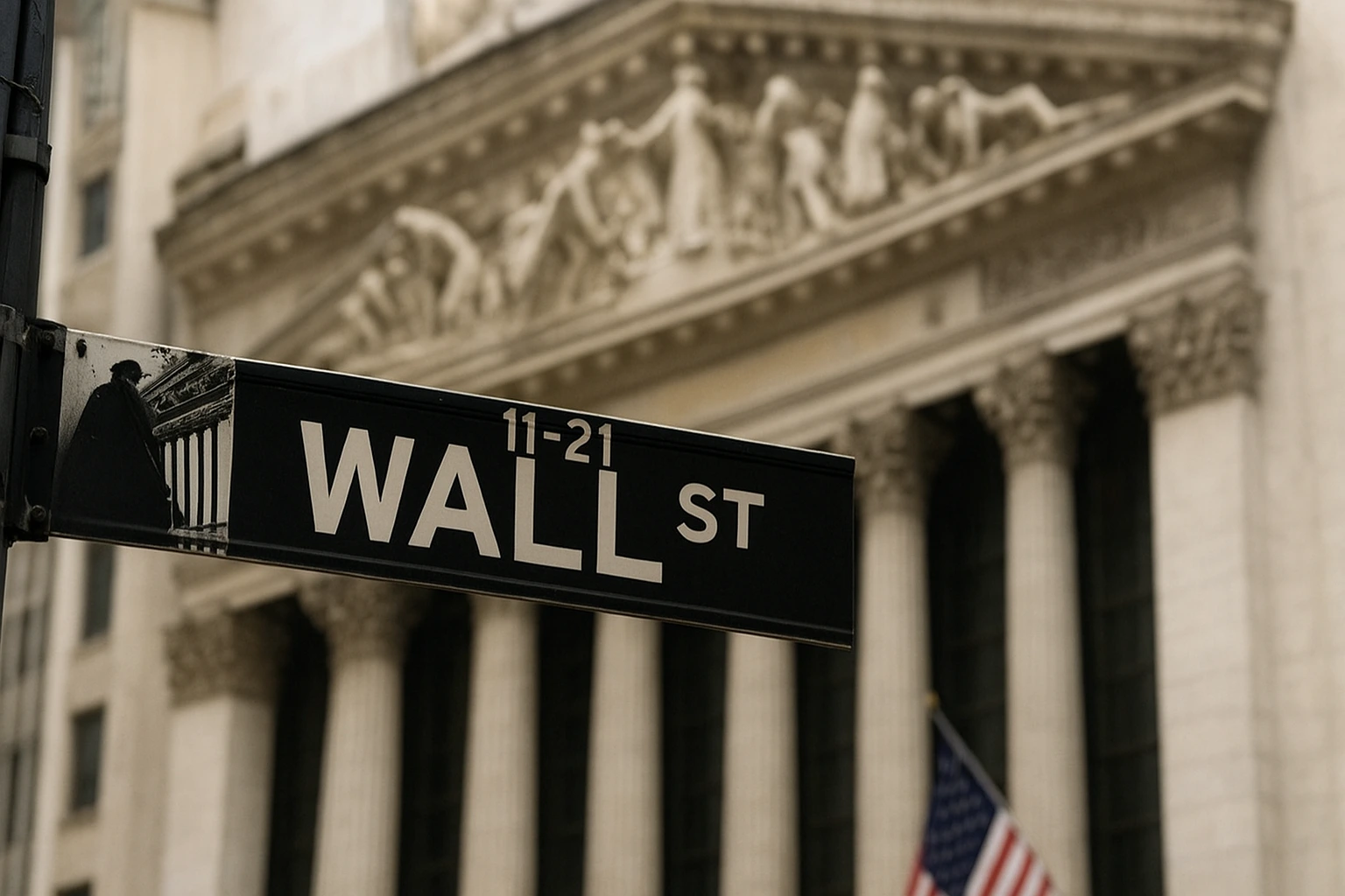 Wall Street sign in front of the New York Stock Exchange building as markets end mixed amid banking gains and tariff tensions.