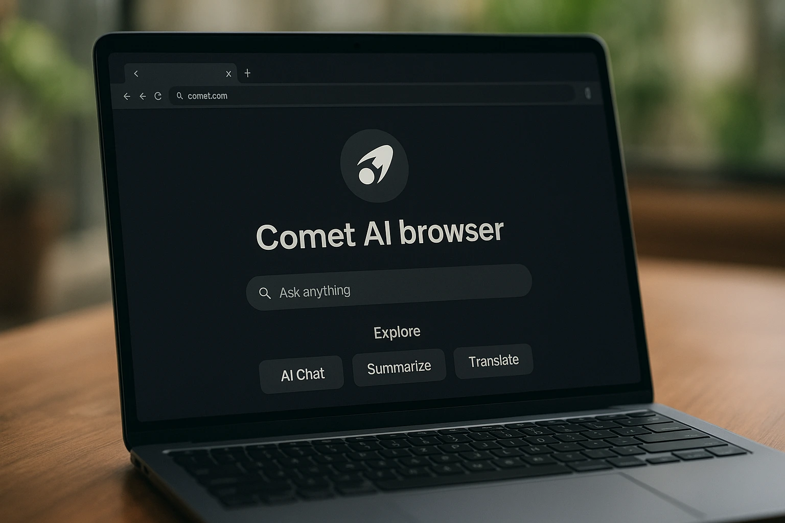 Open laptop displaying Comet AI browser interface on screen in a modern workspace