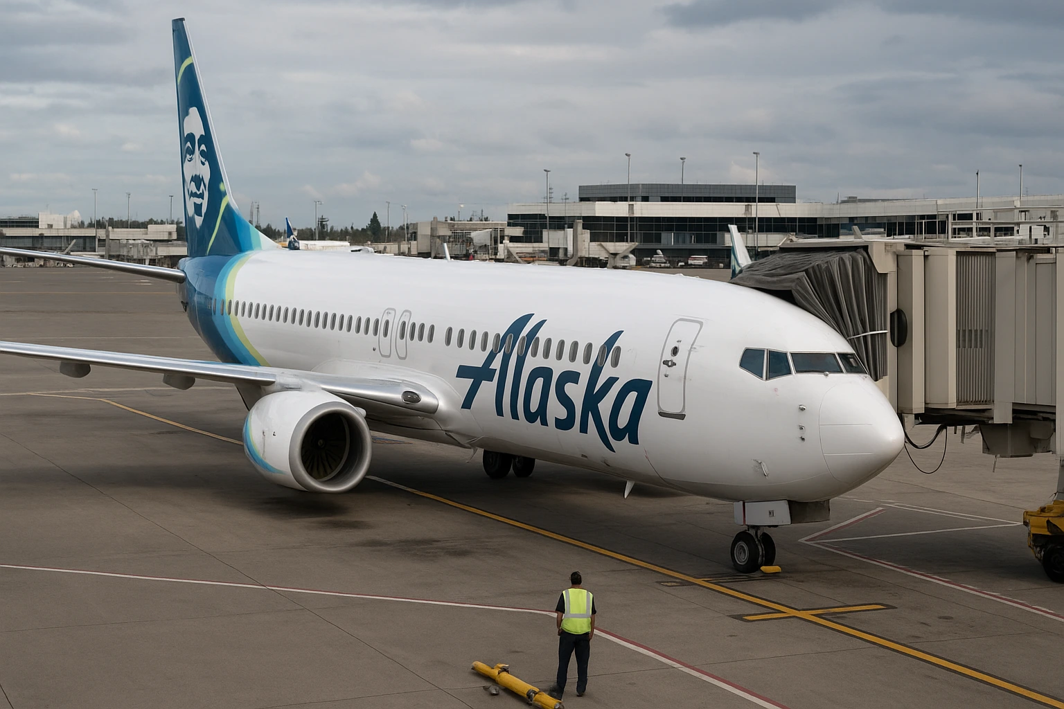 Alaska Airlines aircraft at the gate as the airline restores operations after a nationwide IT outage at U.S. airports.
