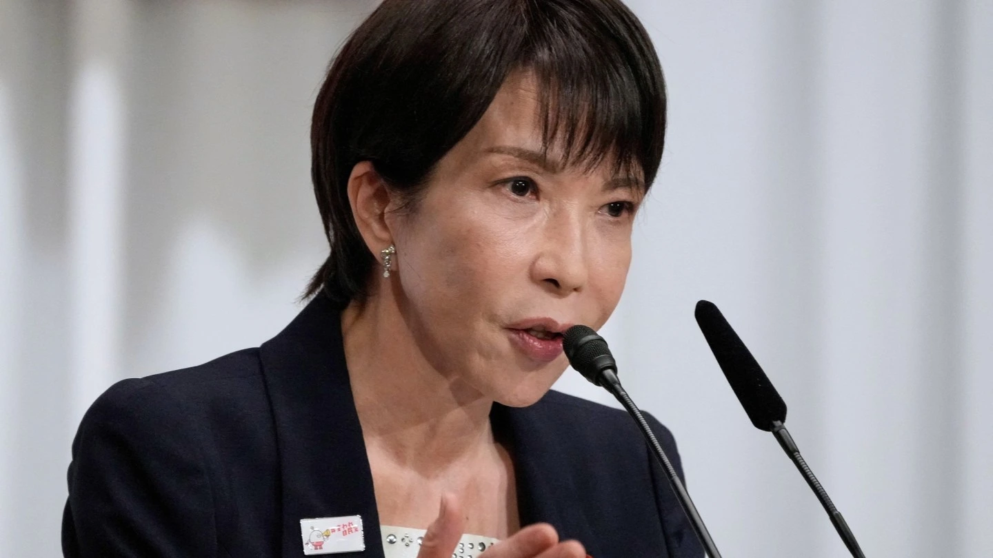 Sanae Takaichi during press conference after signing coalition deal with Japan Innovation Party.