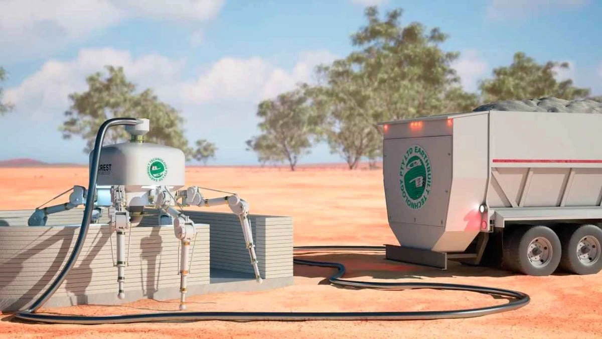 Australian construction robot Charlotte 3D printing a sustainable 2,150-square-foot home using eco-friendly materials in Australia.