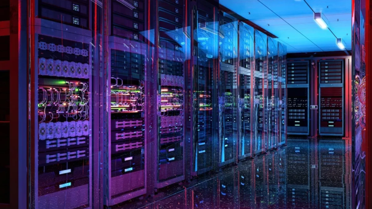Rows of modern servers inside a large datacenter illustrating the global datacenter boom driving AI infrastructure growth.