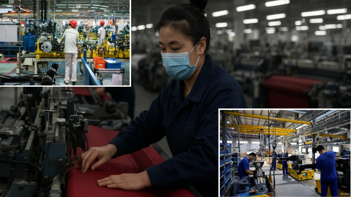 A Chinese factory worker wearing a mask operates textile machinery in a large manufacturing plant, symbolizing slowing China factory activity amid trade tensions with the U.S.