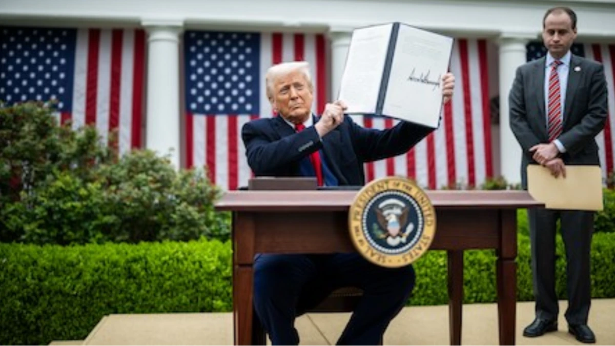 Former U.S. President Donald Trump speaks during a press briefing on trade and Trump tariffs policy