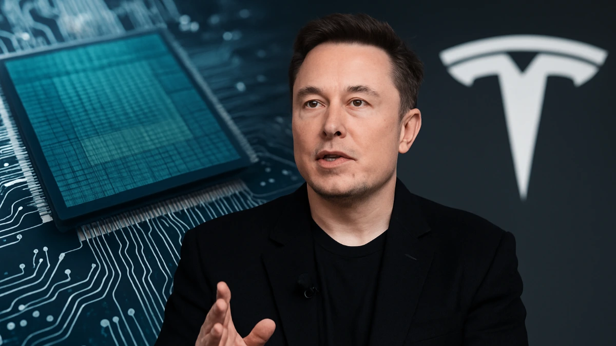 Elon Musk speaking at an event with a semiconductor chip and Tesla logo in the background, symbolizing Tesla’s plan to build a gigantic chip factory.