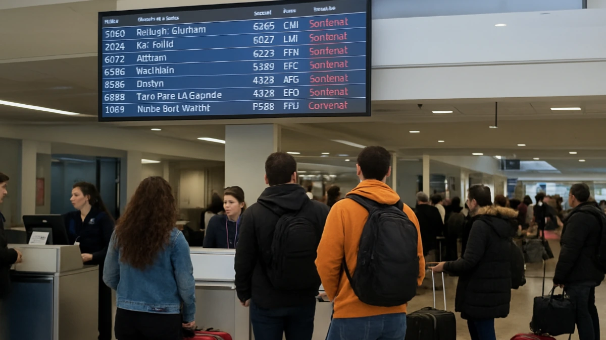 Passengers wait at airport check-in counters as flight cancellations increase due to the US government shutdown.