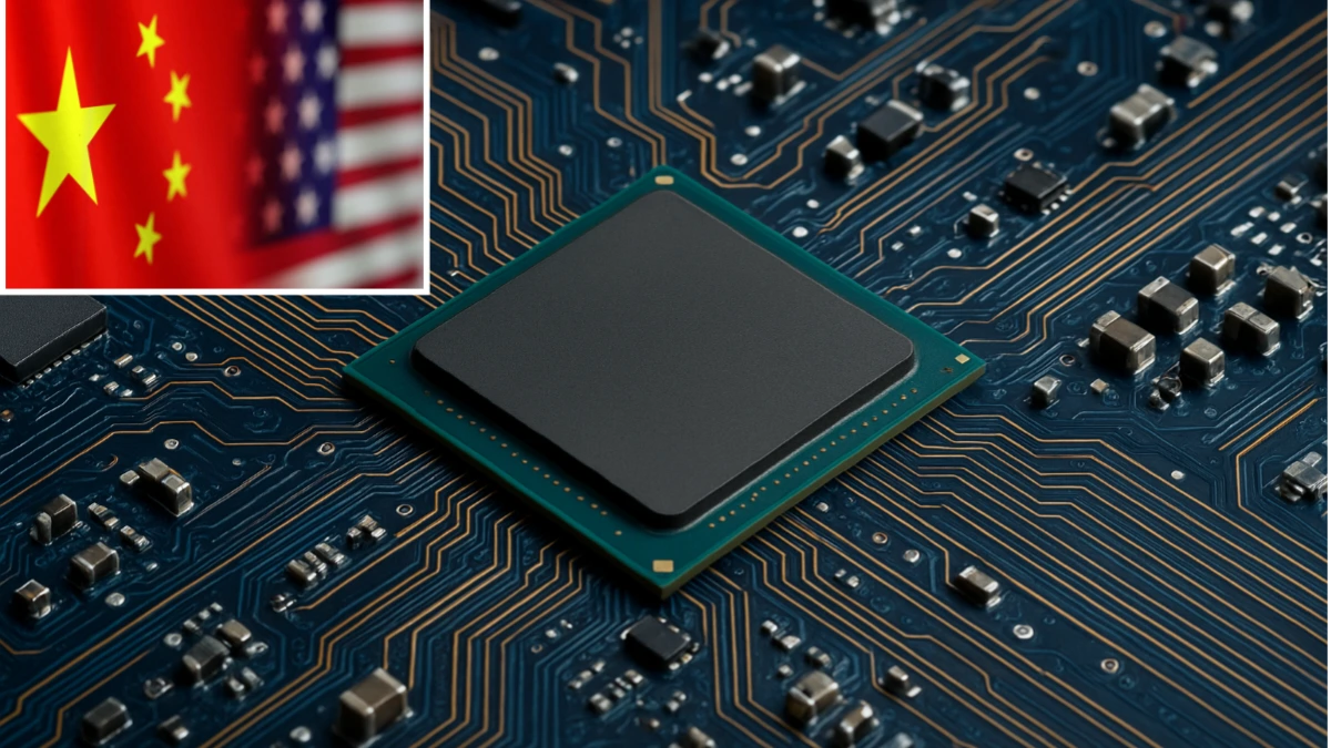Close-up photo of a high-performance computer chip on a motherboard, symbolizing U.S. investigations into alleged AI chip smuggling.