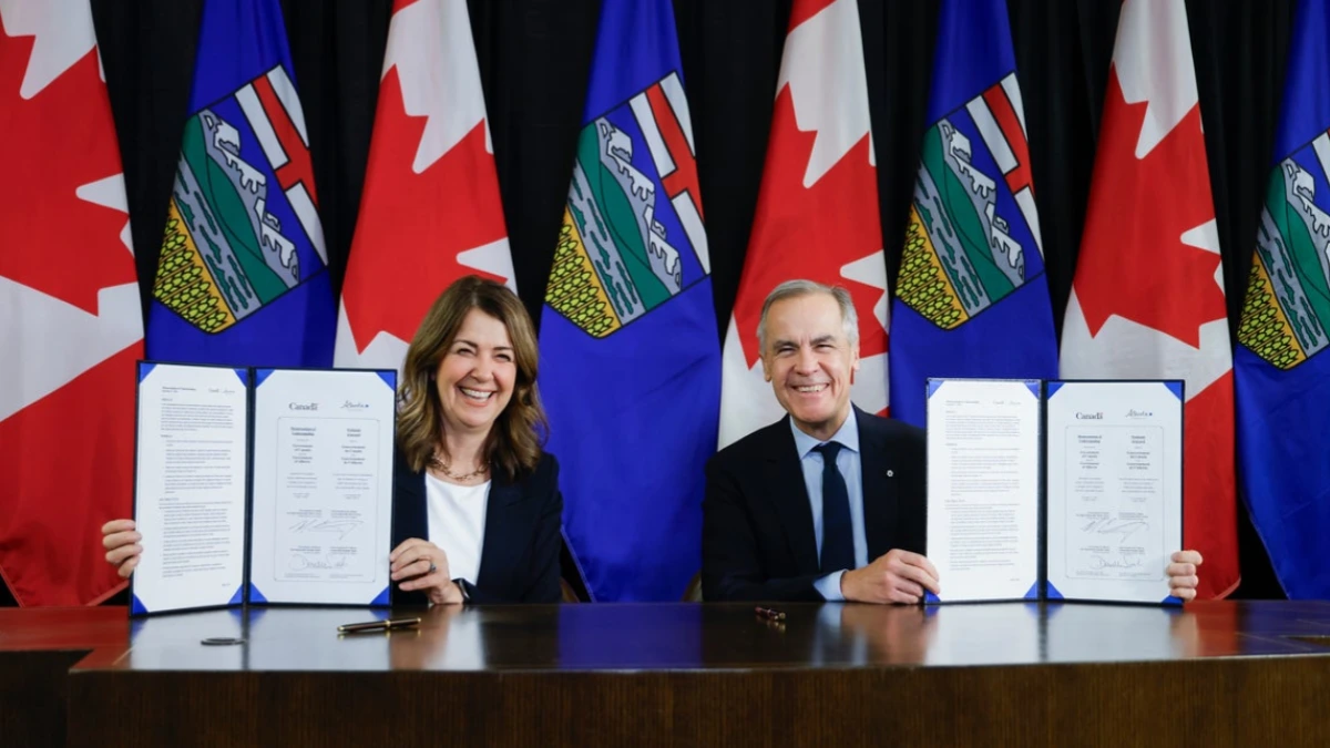 Alberta and federal leaders announce Carney’s Alberta oil pipeline deal during press briefing, highlighting tensions with British Columbia and environmental groups.
