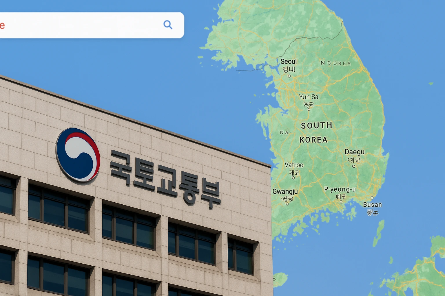 Exterior of South Korea’s Ministry of Land, Infrastructure and Transport with a Google Maps-style map of the Korean Peninsula in the background, representing the Google map data export South Korea issue.