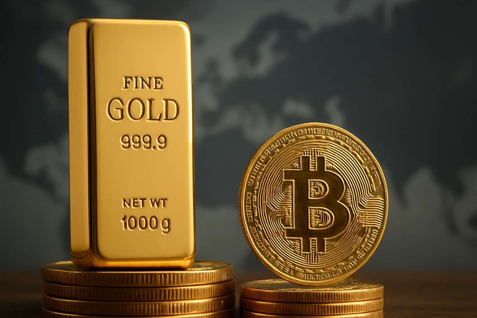 A realistic close-up of a gold bar and a Bitcoin token placed on stacked coins, symbolizing the rise of tokenized gold in global digital markets