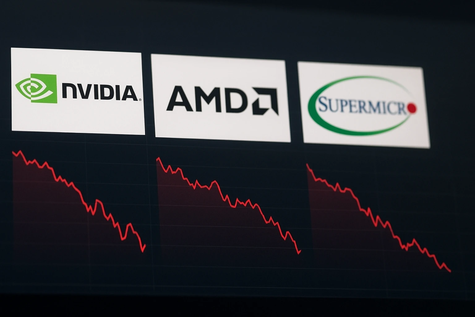 Stock chart showing a sharp decline for Nvidia, AMD and Super Micro Computer during a major tech market sell-off.