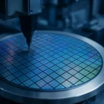 A detailed close-up of a semiconductor wafer being inspected in a high-tech fabrication facility, representing China chip export curbs easing for carmakers.