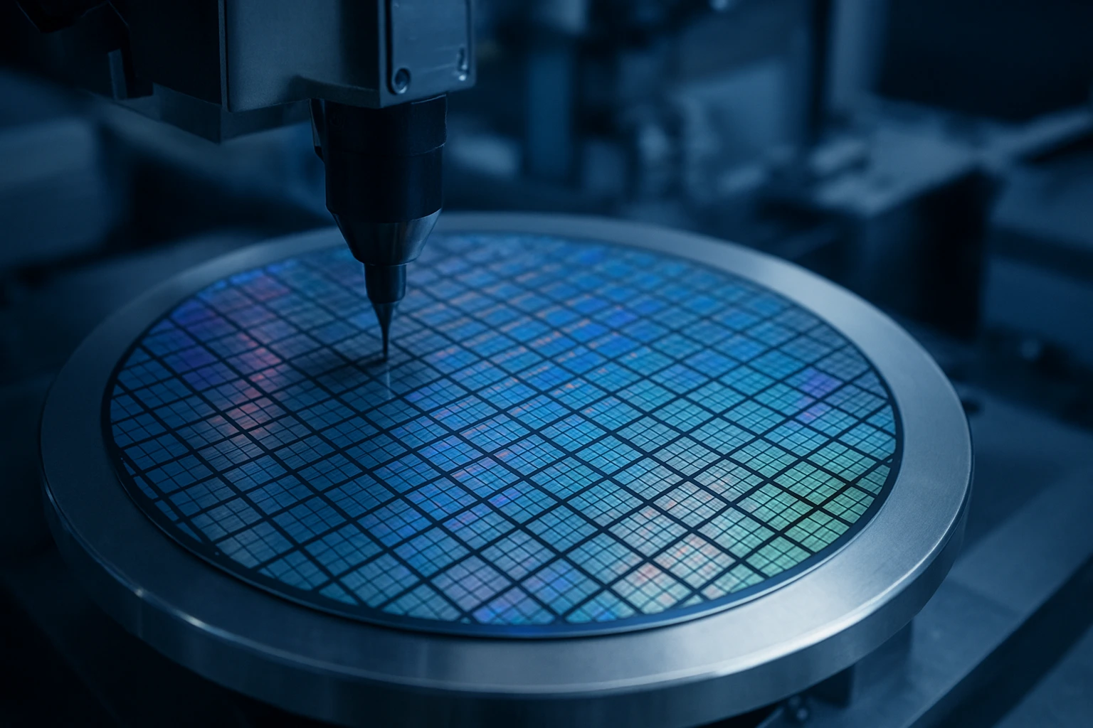 A detailed close-up of a semiconductor wafer being inspected in a high-tech fabrication facility, representing China chip export curbs easing for carmakers.