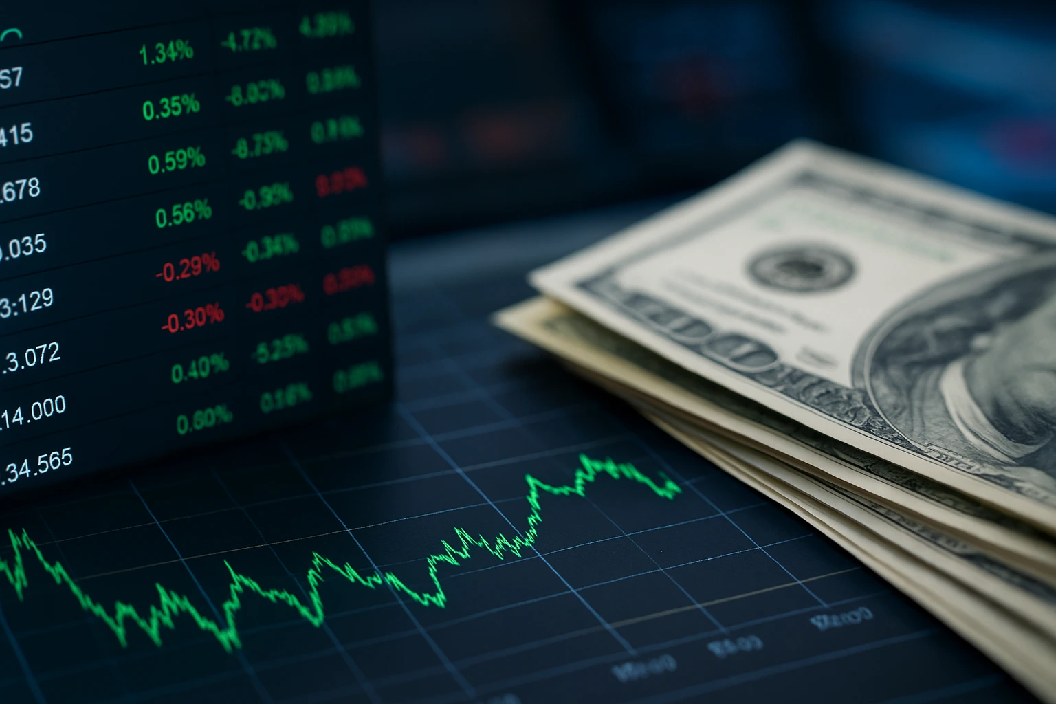 Financial market chart and U.S. dollar bills on a trading desk as global stocks rise amid expectations of a December Fed cut