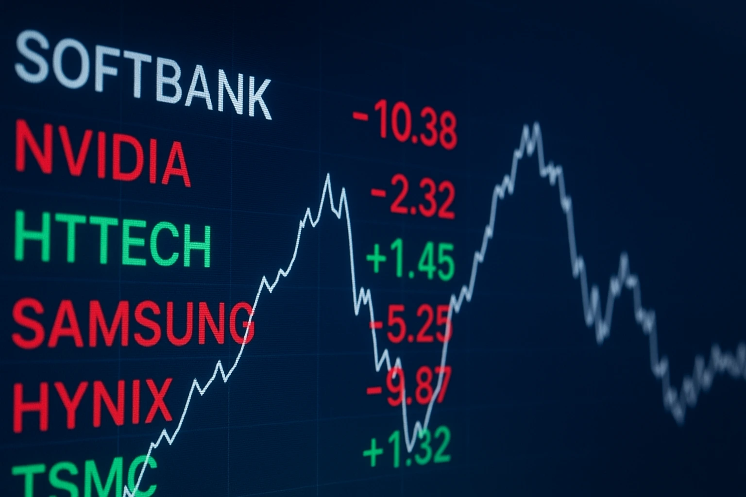A digital stock market display showing declines in major technology companies including SoftBank, Nvidia, Samsung and Hynix, reflecting a broader drop in Asian chip shares.