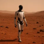A realistic humanoid robot resembling Tesla’s humanoid robots walking across the rocky, red Martian landscape under a hazy orange sky.