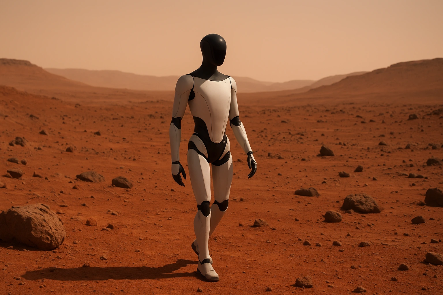 A realistic humanoid robot resembling Tesla’s humanoid robots walking across the rocky, red Martian landscape under a hazy orange sky.