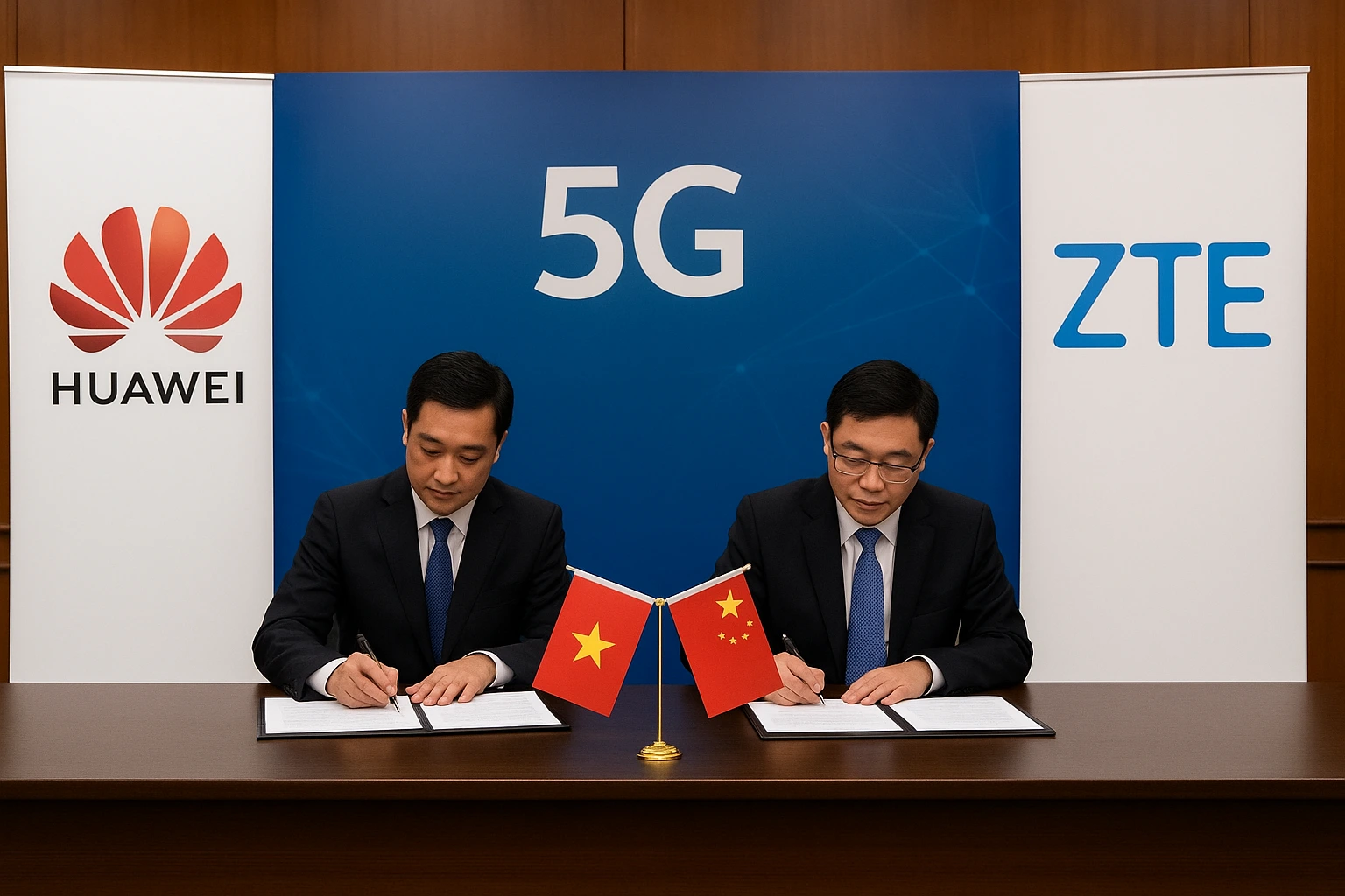 A formal meeting scene where Vietnamese and Chinese representatives sign telecom agreements, symbolizing Huawei and ZTE 5G deals in Vietnam.
