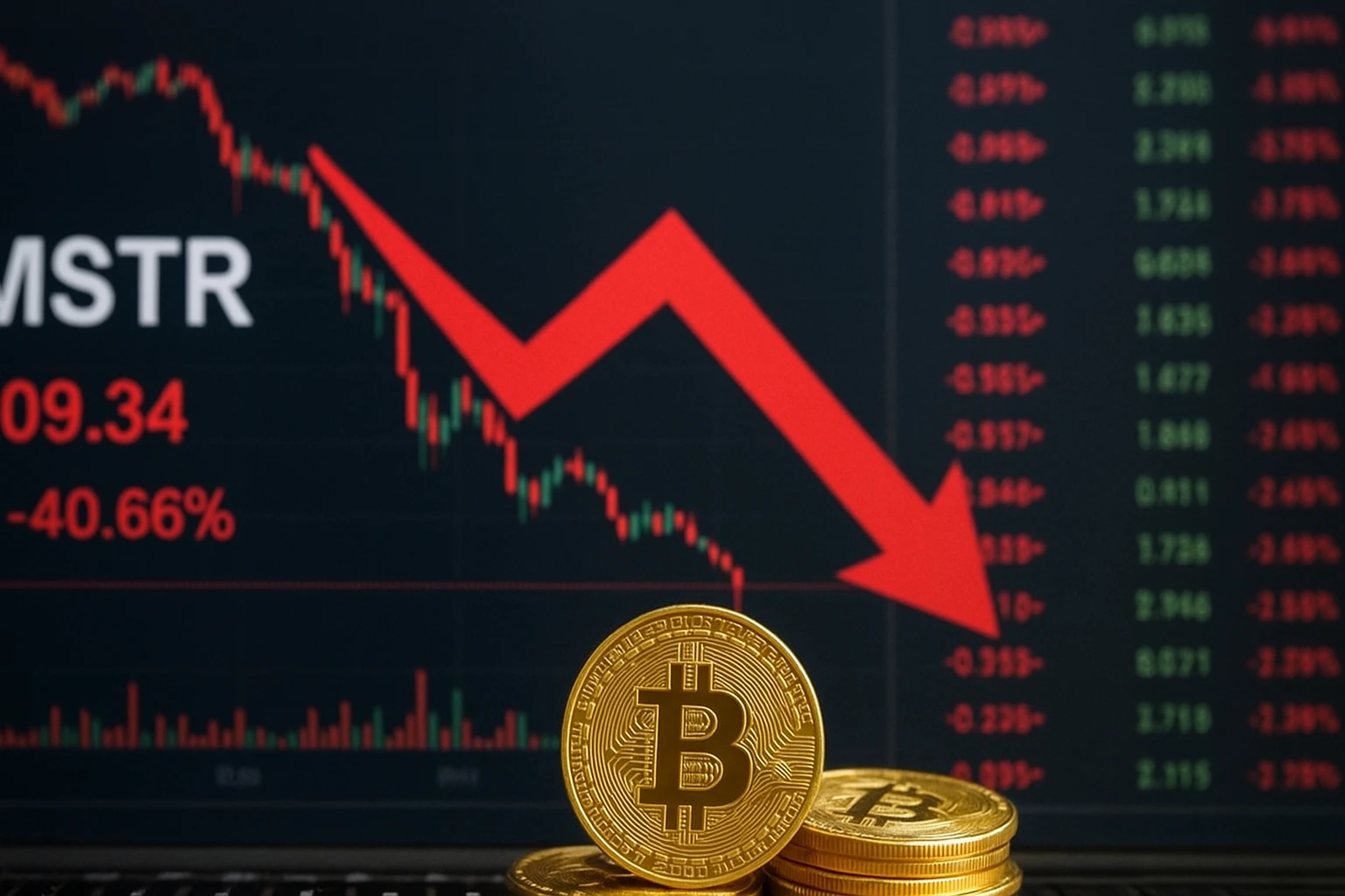 Global trading screens showing red numbers as stocks drop amid Bitcoin slump and BOJ policy concerns