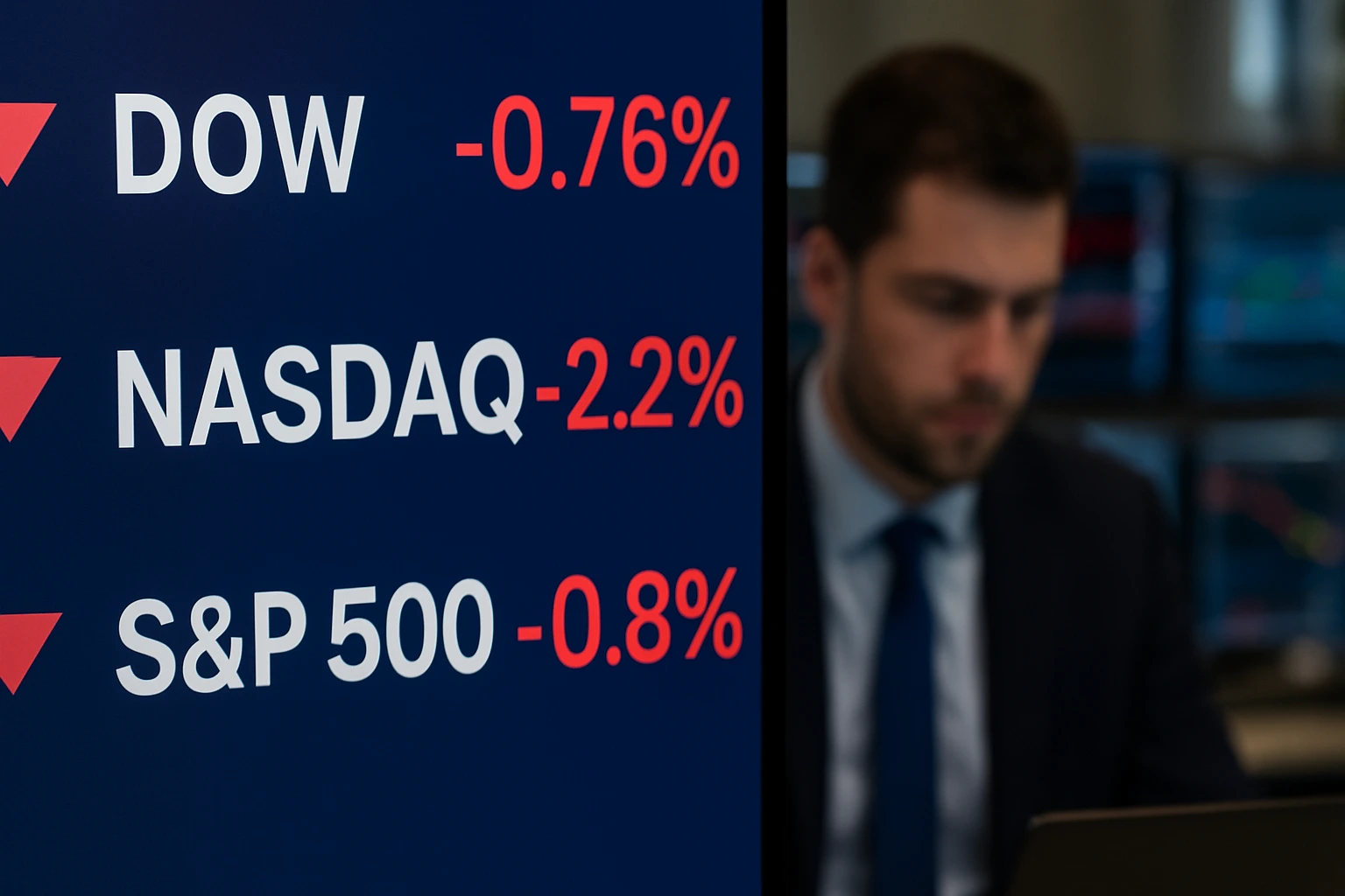 A financial trader works in a dimly lit office as a screen shows declining Dow, Nasdaq, and S&P 500 percentages amid Fed rate cut worries.