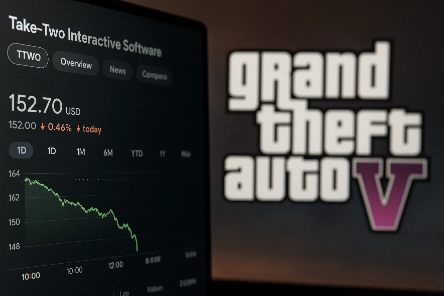 Computer screen showing Take-Two Interactive stock drop after Grand Theft Auto VI delay announcement.