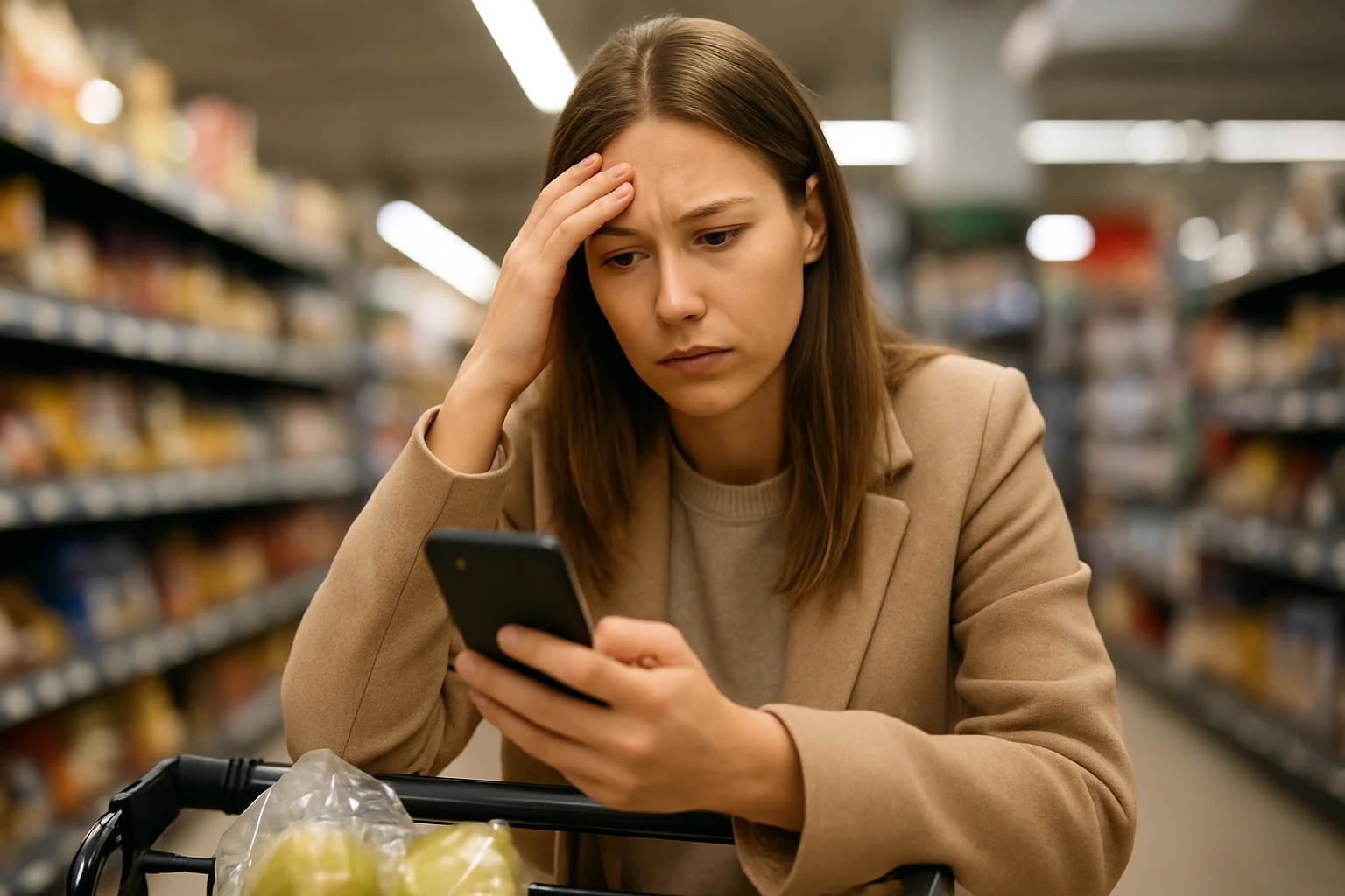 A concerned woman looking at her phone in a grocery aisle, reflecting declining consumer confidence amid rising economic worries.