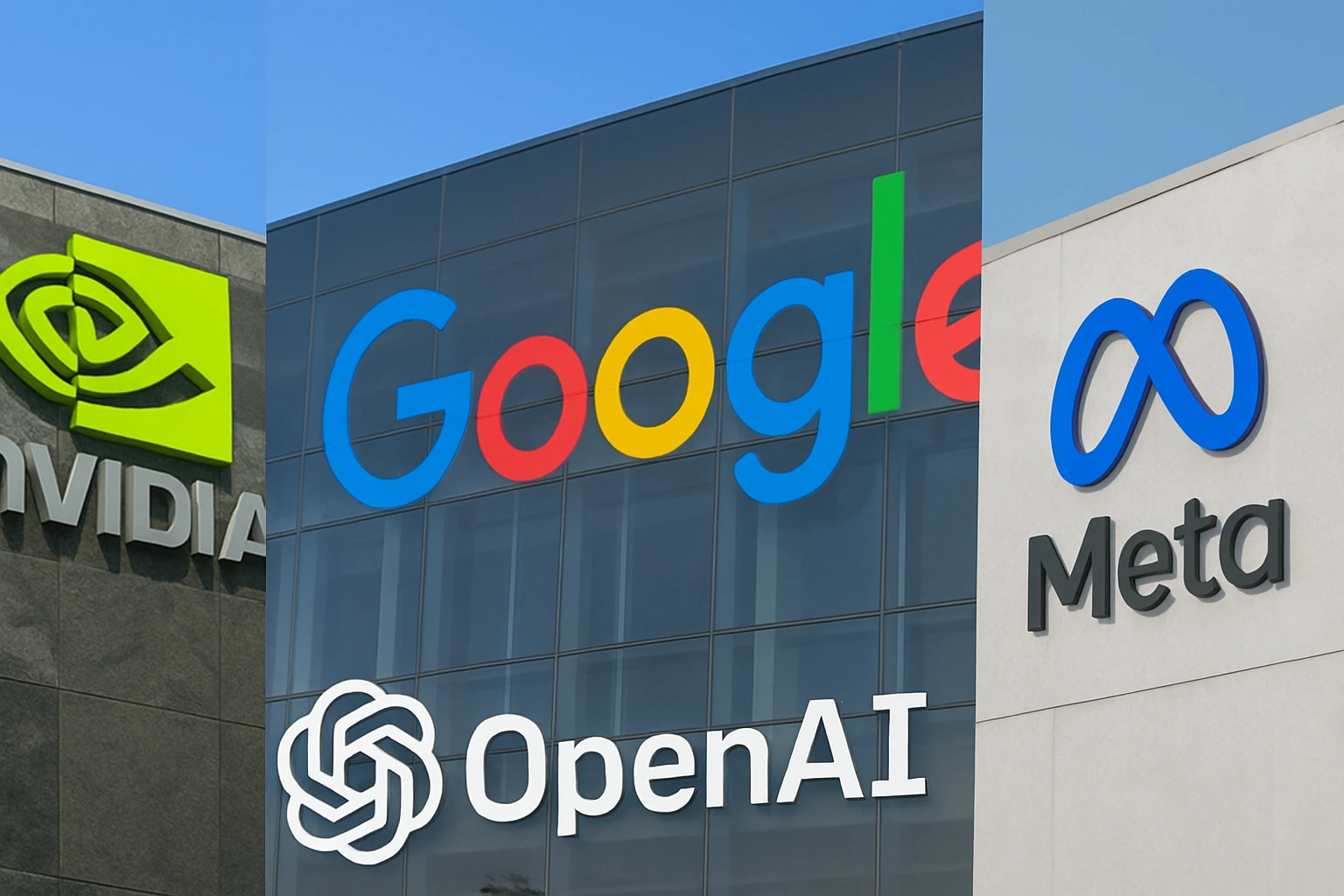 A professional photo of Nvidia, Google, OpenAI and Meta headquarters buildings, illustrating industry reactions to Google’s Gemini 3 in the global AI race.