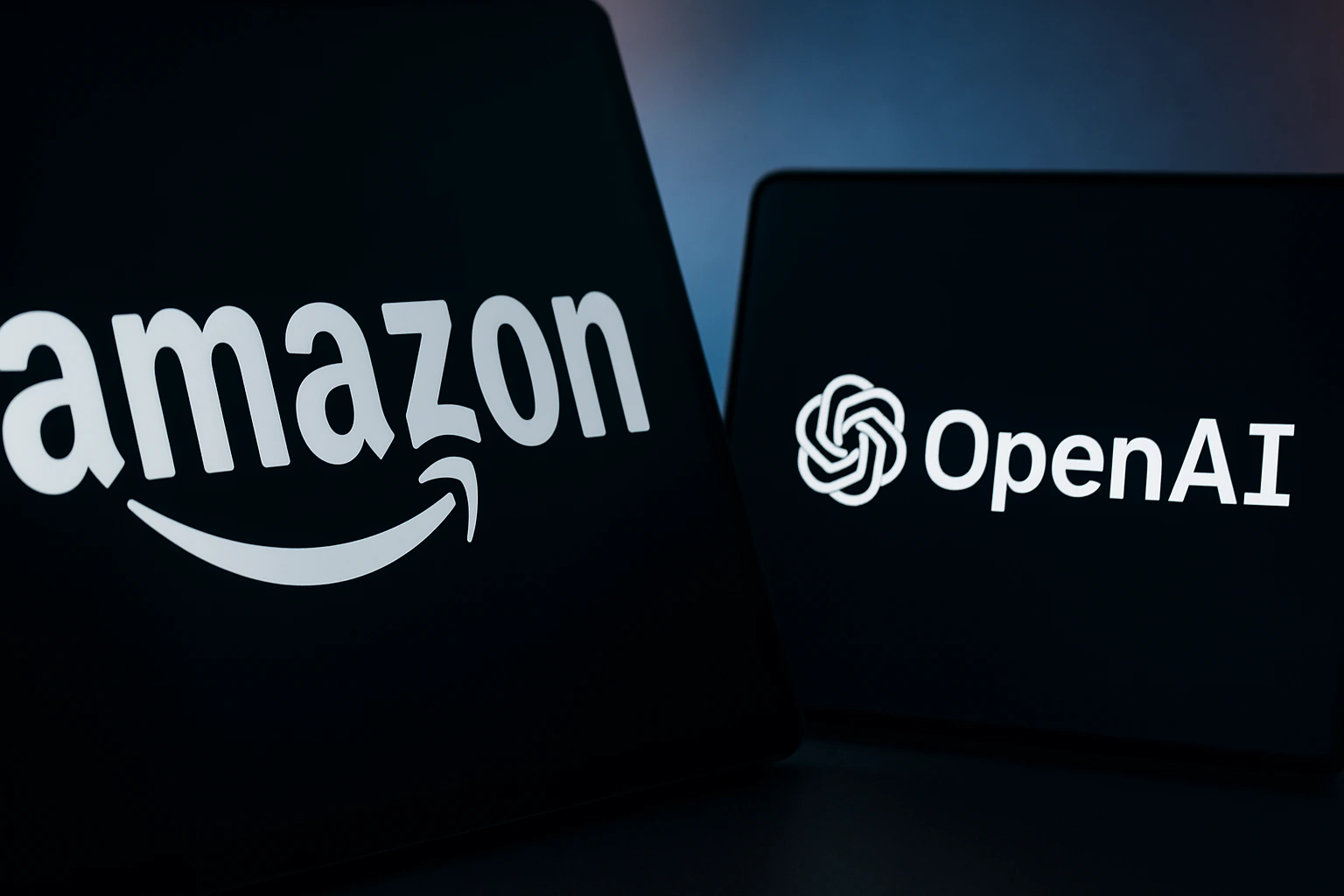 Amazon and OpenAI logos displayed on sleek digital screens representing Amazon OpenAI deal and cloud partnership in artificial intelligence.