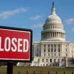 The U.S. Capitol building in Washington, D.C., with a red “Closed” sign in the foreground, symbolizing the Washington shutdown and government closure.