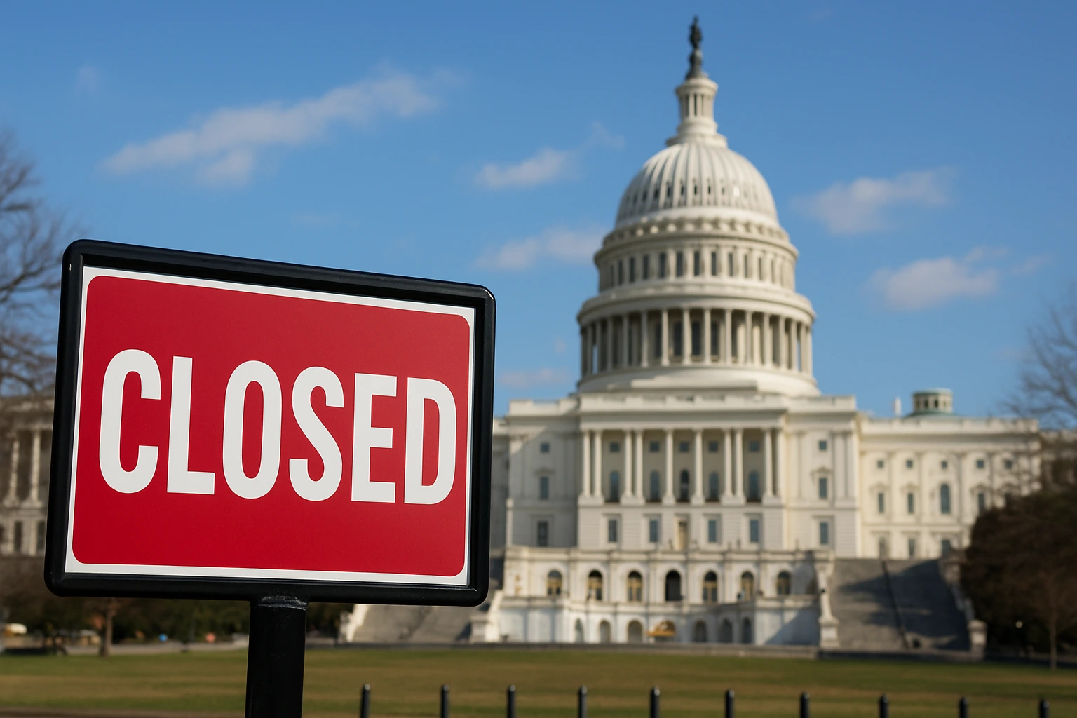 The U.S. Capitol building in Washington, D.C., with a red “Closed” sign in the foreground, symbolizing the Washington shutdown and government closure.