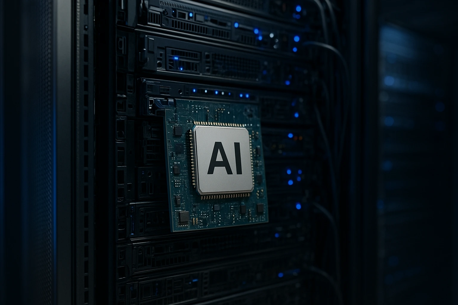 A close-up of advanced AI chips installed in a Chinese data center, symbolizing the impact of the China AI chip ban on foreign technology companies.
