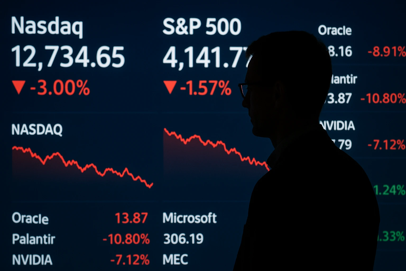 Wall Street stock screens showing AI-focused companies’ decline, reflecting investor confidence in AI stocks