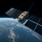 A realistic high-resolution satellite orbiting Earth, representing the Amazon Leo satellite internet network in low Earth orbit