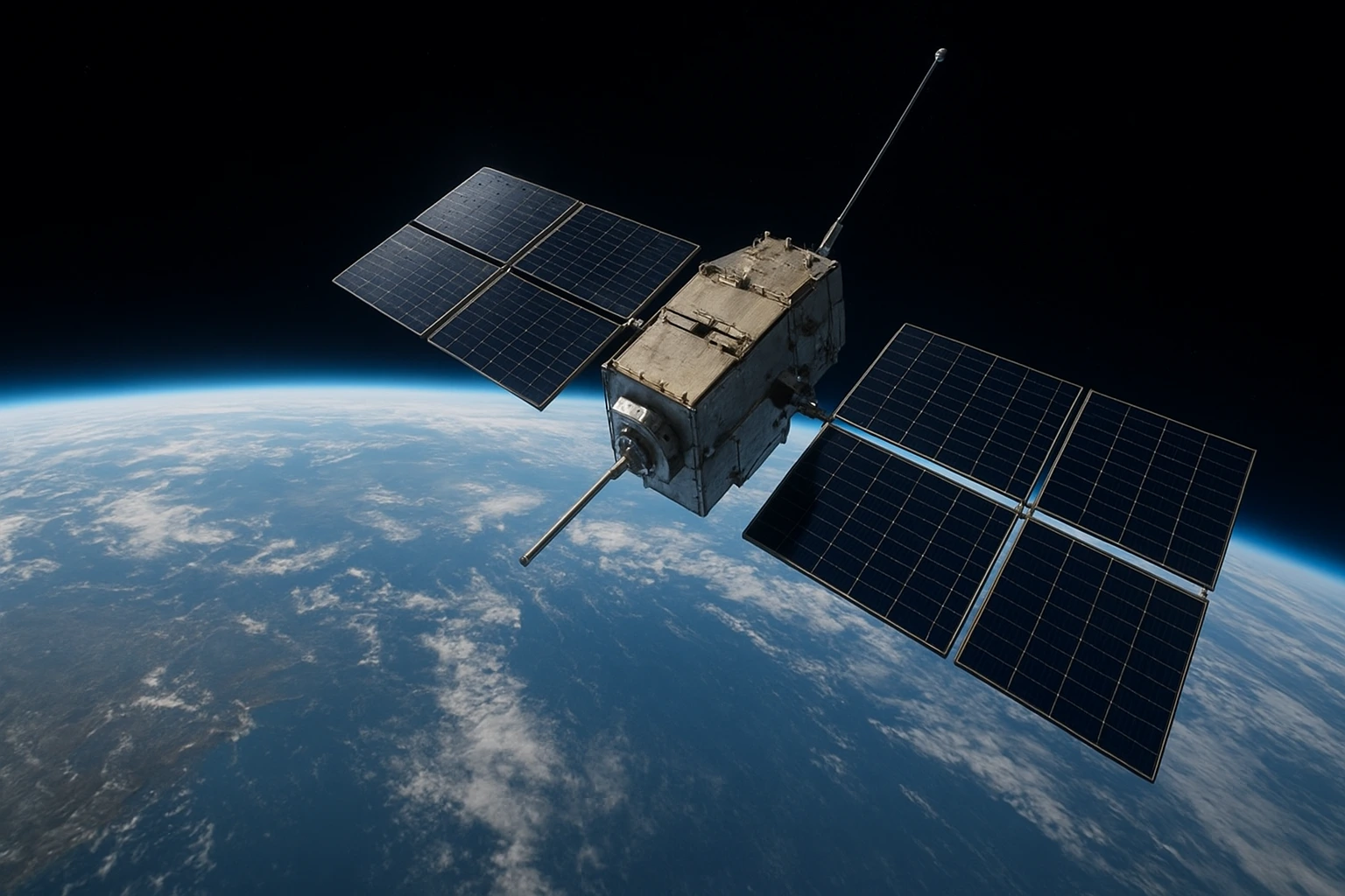 A realistic high-resolution satellite orbiting Earth, representing the Amazon Leo satellite internet network in low Earth orbit