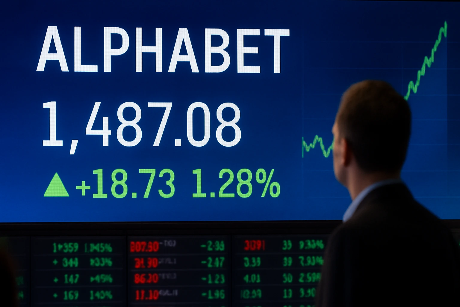 A professional stock market trading floor display showing Alphabet shares rising sharply as Alphabet hits record highs, with a businessman analyzing market data.