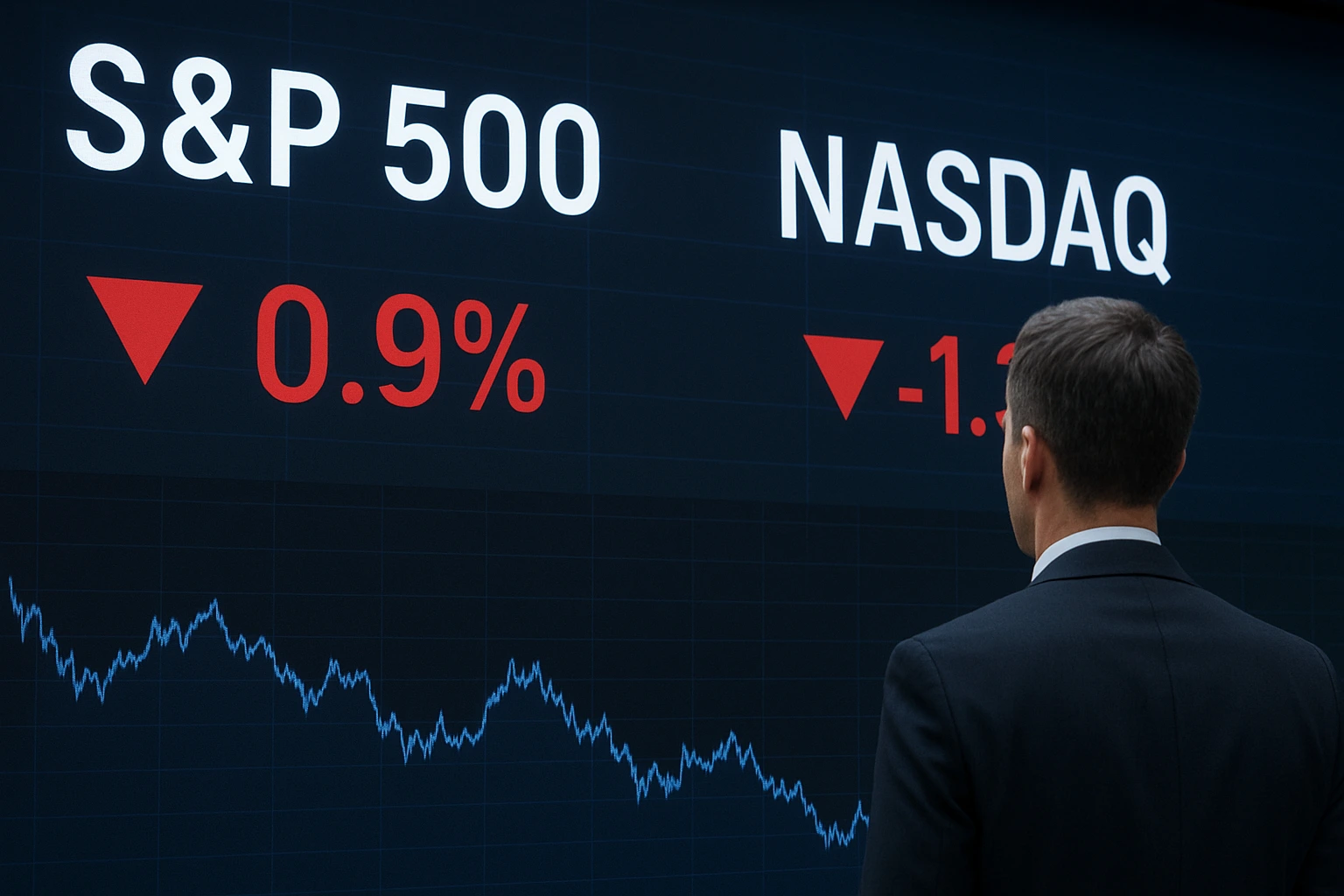 A businessman looks at large digital screens displaying declining S&P 500 and Nasdaq index charts, reflecting a market downturn driven by tech stock weakness.
