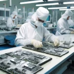 A semiconductor engineer in a cleanroom examines a silicon wafer under advanced machinery, symbolizing China’s struggle amid America’s chip restrictions