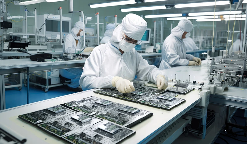A semiconductor engineer in a cleanroom examines a silicon wafer under advanced machinery, symbolizing China’s struggle amid America’s chip restrictions