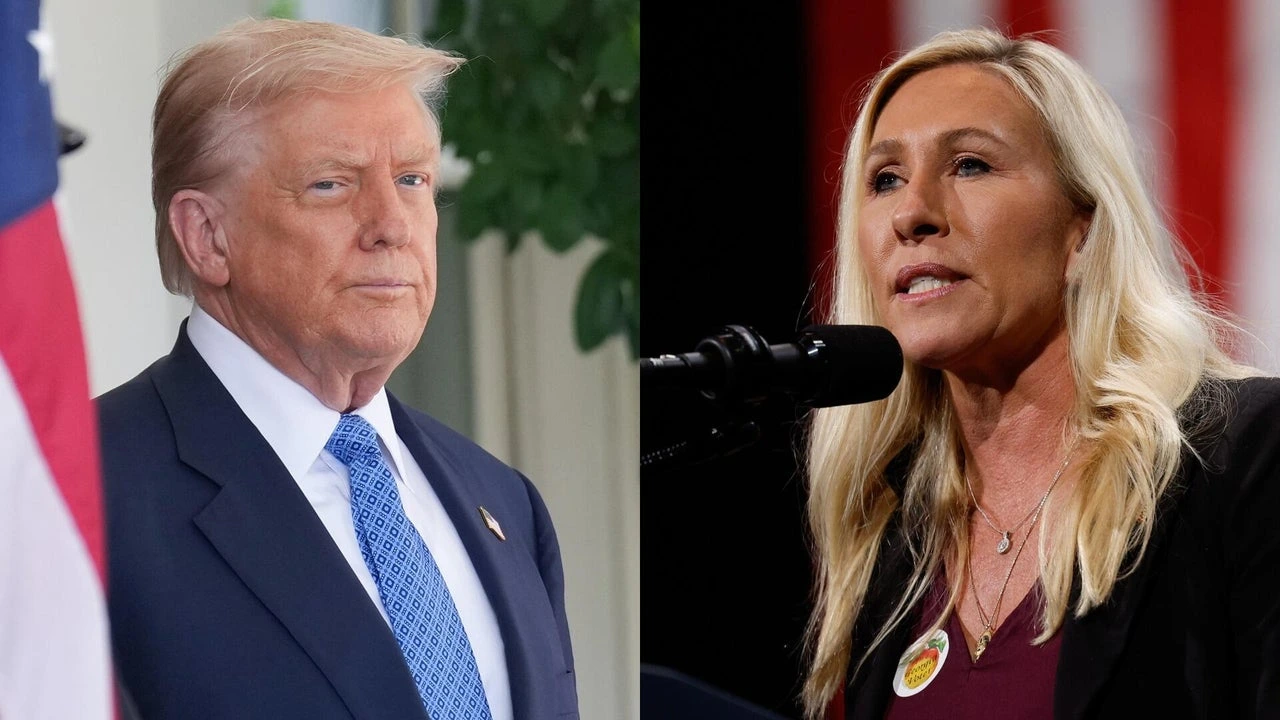 Marjorie Taylor Greene resigns from Congress amid fallout with Donald Trump, speaking at a press event in Georgia