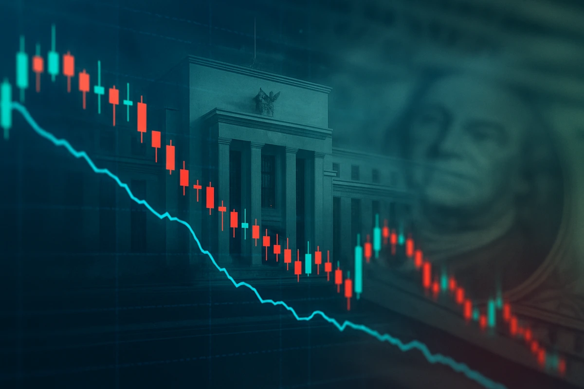A stressed businessman sits beside a computer screen showing a sharp market decline, reflecting the pressure from the recent US market rout.
