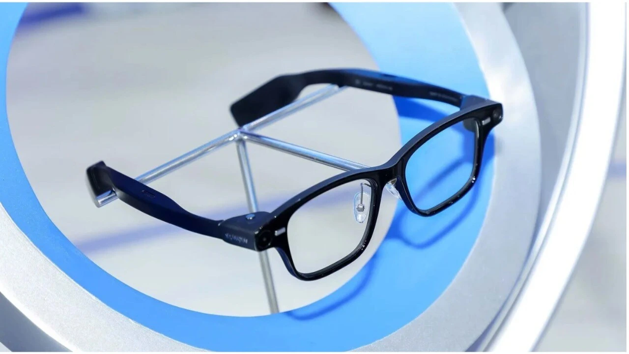 A close-up view of Alibaba’s AI glasses featuring built-in display lenses and camera technology.