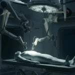 The Tesla Optimus robot performing a precise surgical procedure inside an operating room, using advanced robotic arms and sensors.