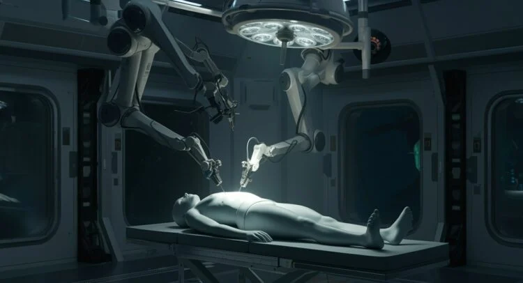 The Tesla Optimus robot performing a precise surgical procedure inside an operating room, using advanced robotic arms and sensors.