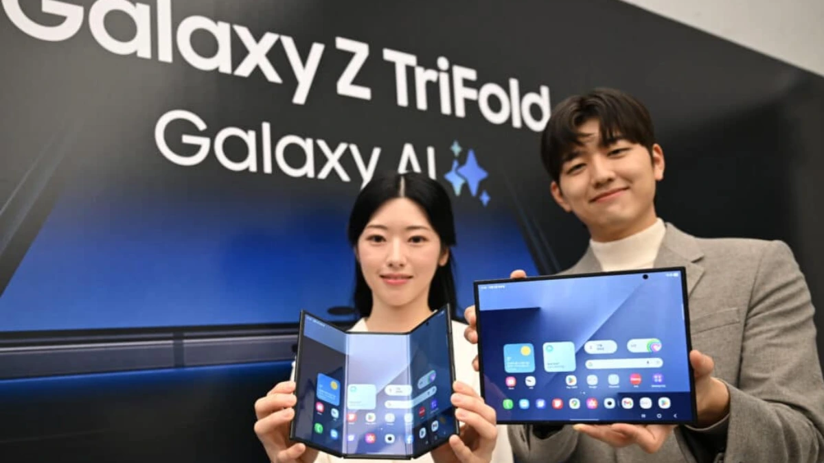 Samsung multi folding phone Galaxy Z TriFold displayed open on a desk showing its 10-inch screen and tri-hinge design