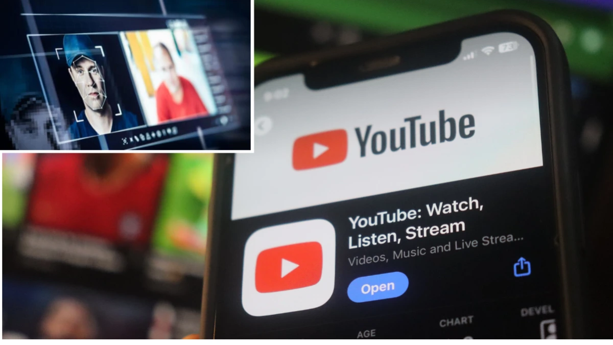 A concerned man looking at a computer screen while reviewing content related to the YouTube AI deepfake tracking tool.
