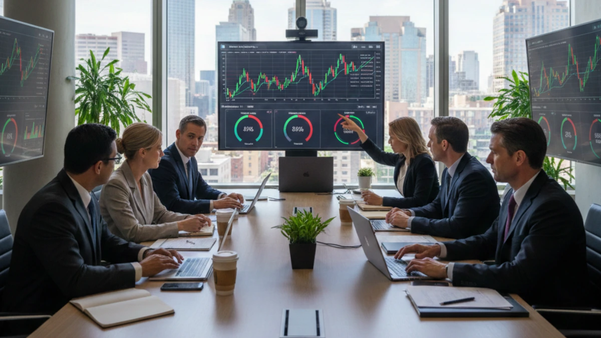 Executives at Venture Global headquarters reviewing LNG export data and stock market charts in a professional office setting